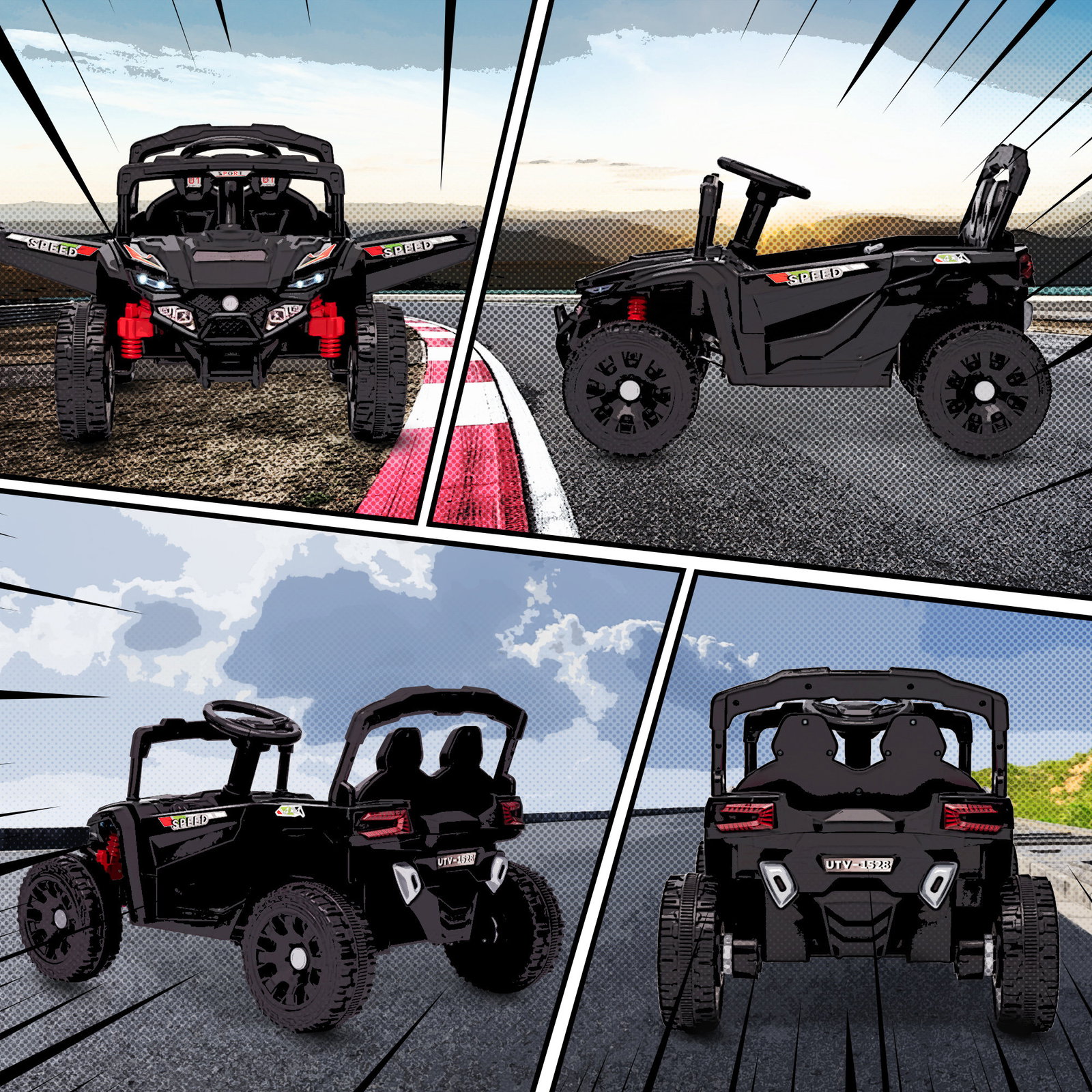 Carro elétrico para crianças 12v com 2 motores suspensão traseira faróis e música 88x57,5x55,5 cm preto