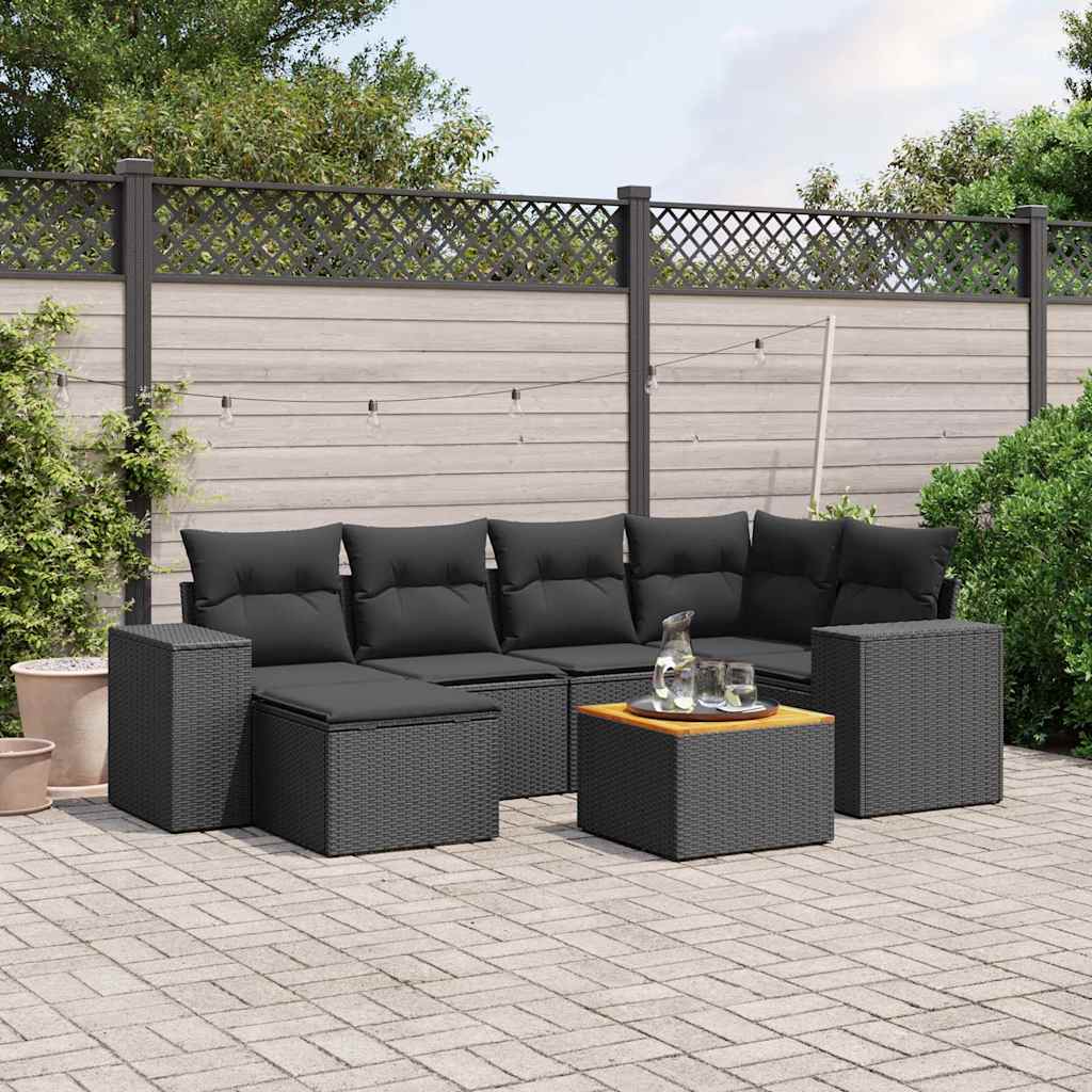 7 Pcs conjunto de sofás p/ jardim c/ almofadões vime PE preto