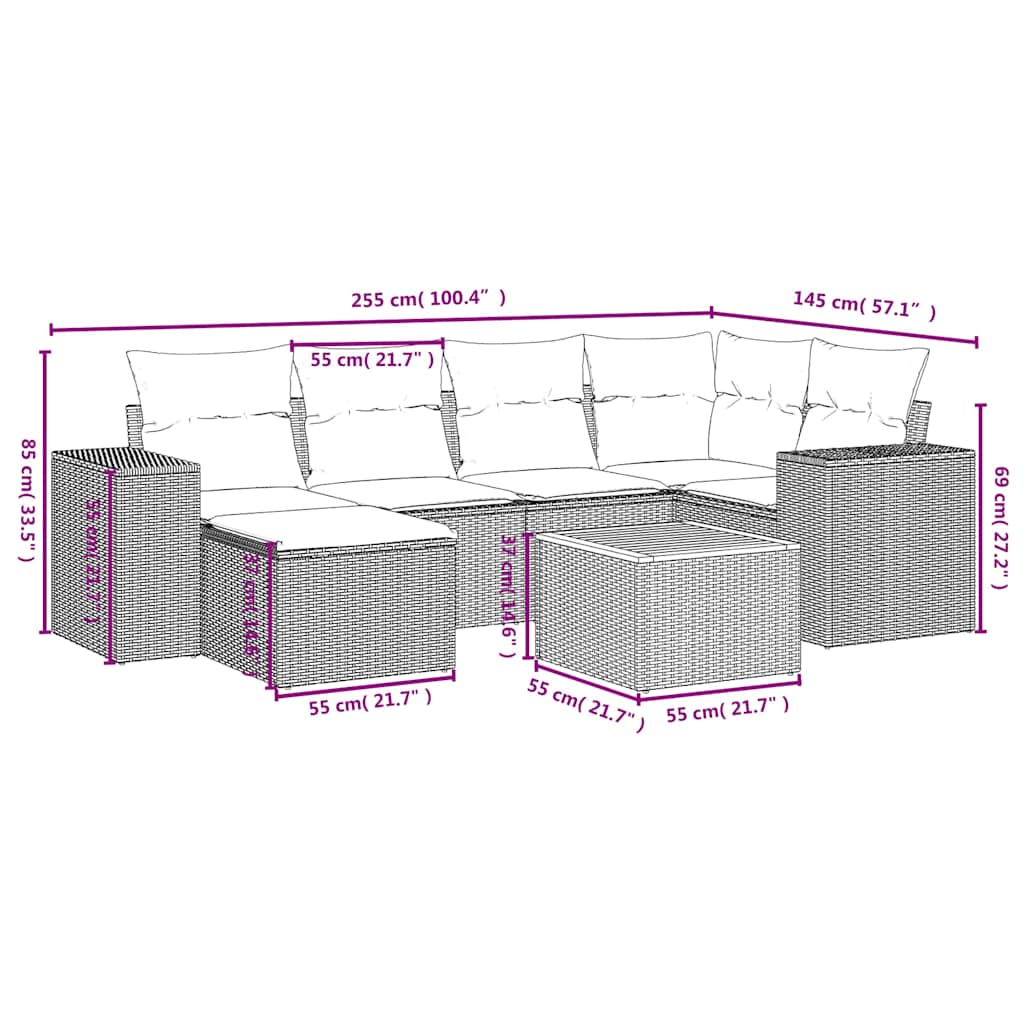 7 Pcs conjunto de sofás p/ jardim c/ almofadões vime PE preto