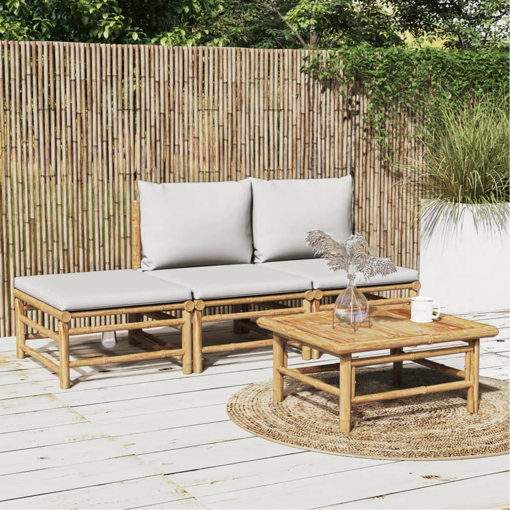 4 Pcs conj. lounge de jardim bambu c/ almofadões cinzento-claro
