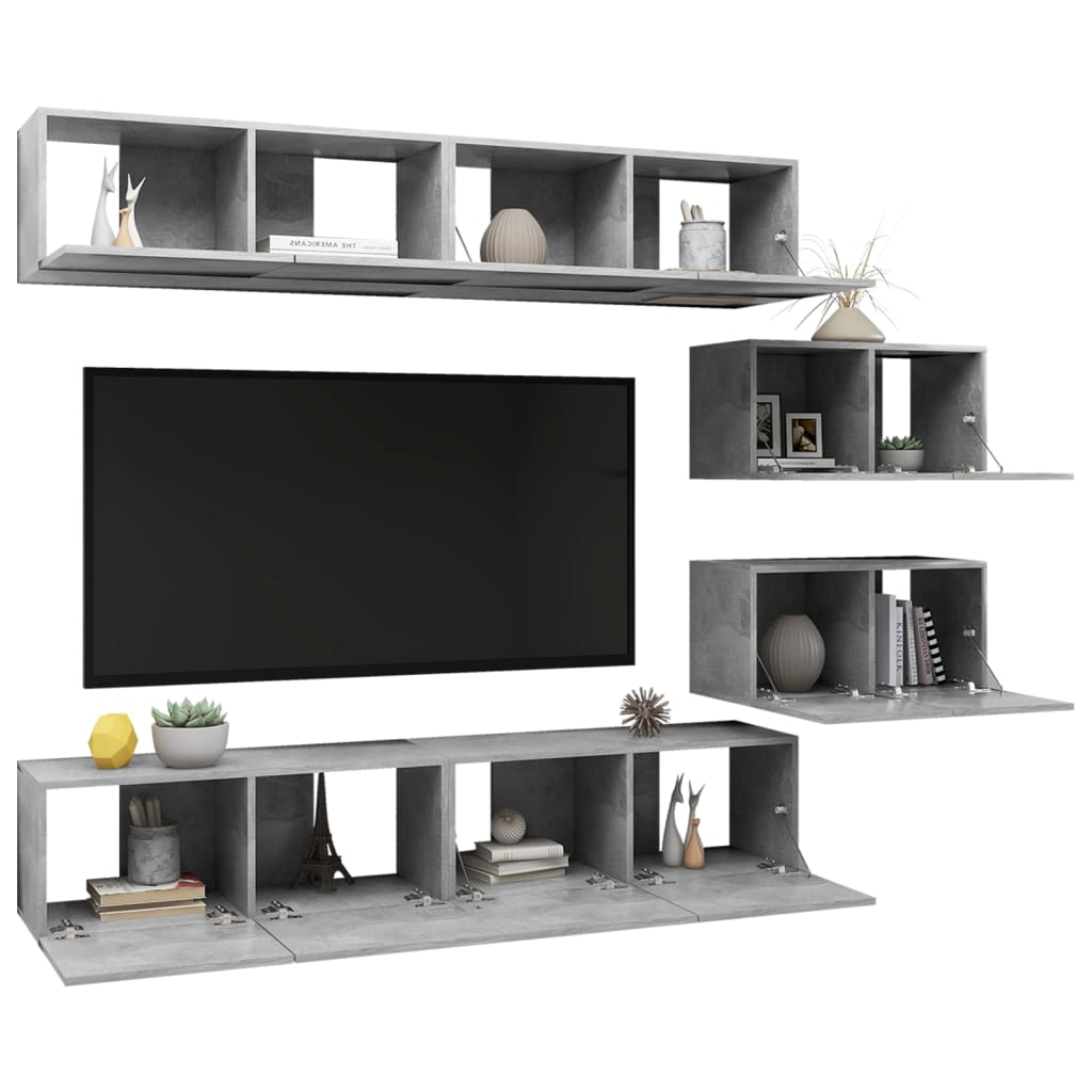 6 Pcs conjunto móveis de TV derivados madeira cinzento cimento