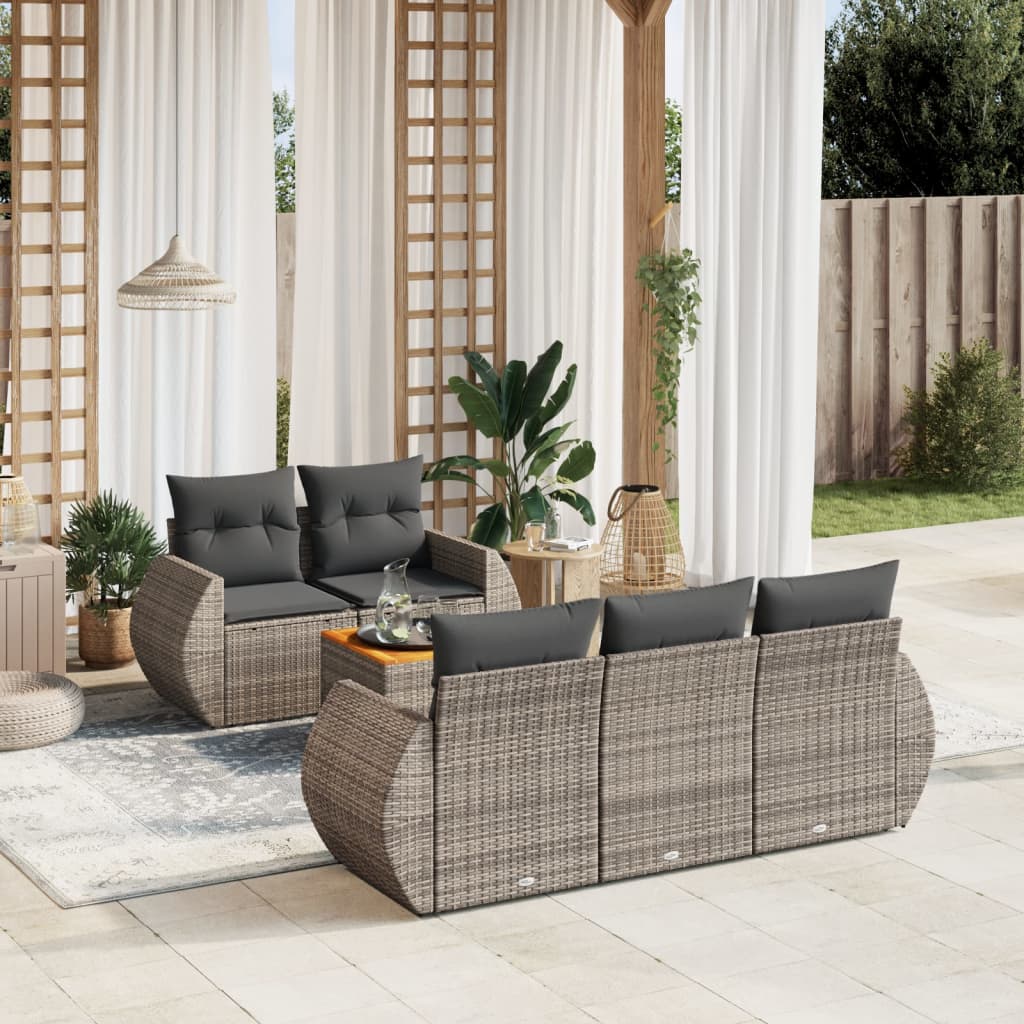 6 Pcs conjunto sofás de jardim com almofadões vime cinzento