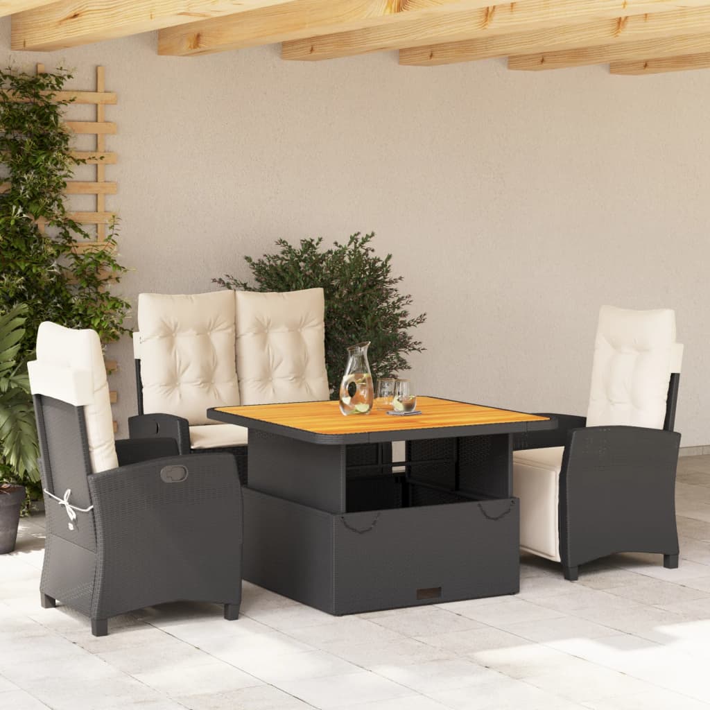 4 Pcs conjunto de jardim p/ jardim c/ almofadões vime PE preto