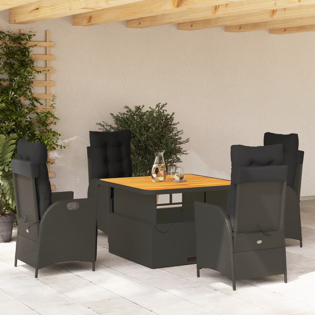5 Pcs conjunto de jantar p/ jardim c/ almofadões vime PE preto