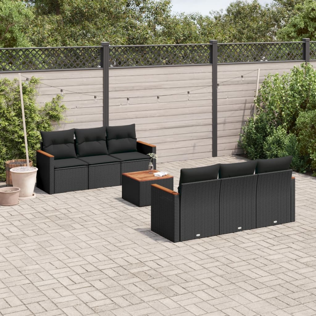 7 Pcs conjunto de sofás p/ jardim c/ almofadões vime PE preto