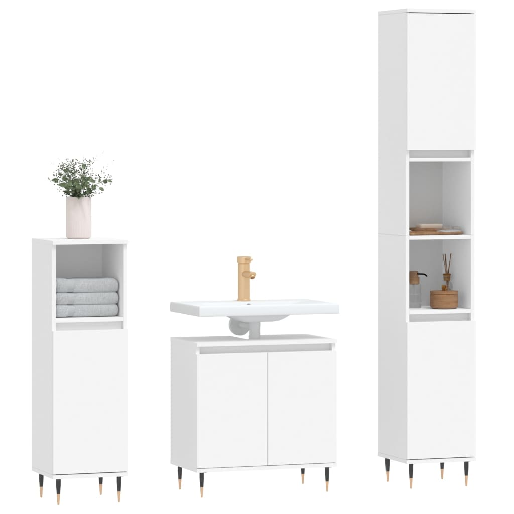 3 Pcs conjunto móveis casa de banho madeira processada branco
