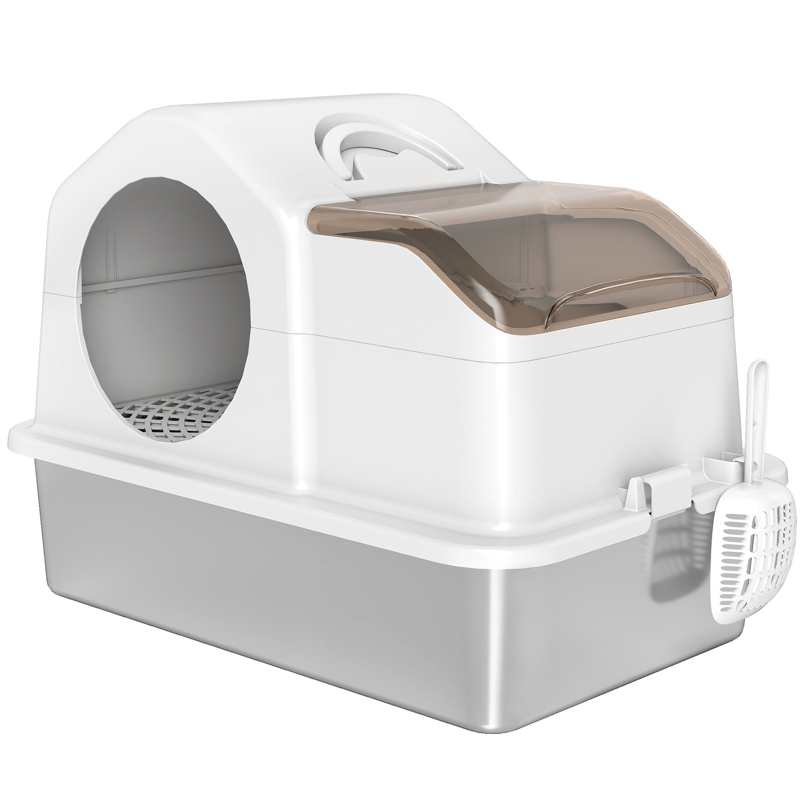 Caixa de areia para gatos fechada com bandeja de aço inoxidável tampa removível bordos altos e pá 60,5x40,5x42 cm branco