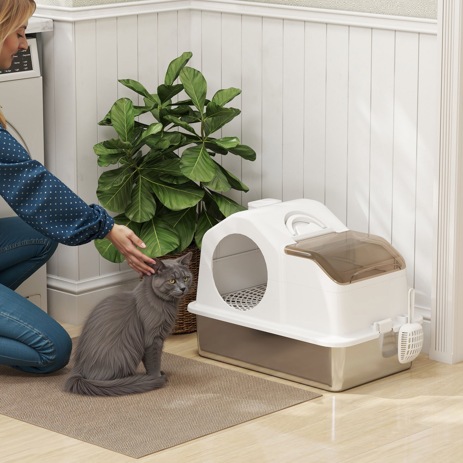 Caixa de areia para gatos fechada com bandeja de aço inoxidável tampa removível bordos altos e pá 60,5x40,5x42 cm branco