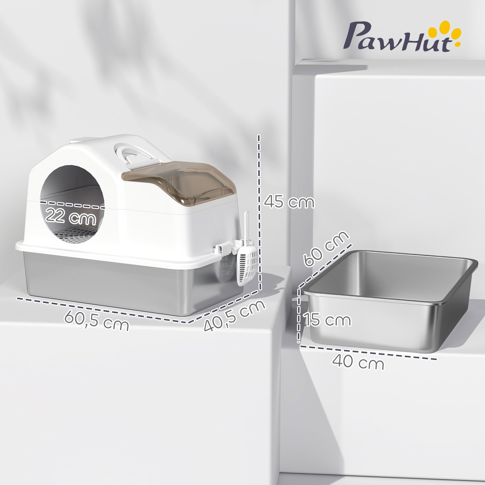 Caixa de areia para gatos fechada com bandeja de aço inoxidável tampa removível bordos altos e pá 60,5x40,5x42 cm branco