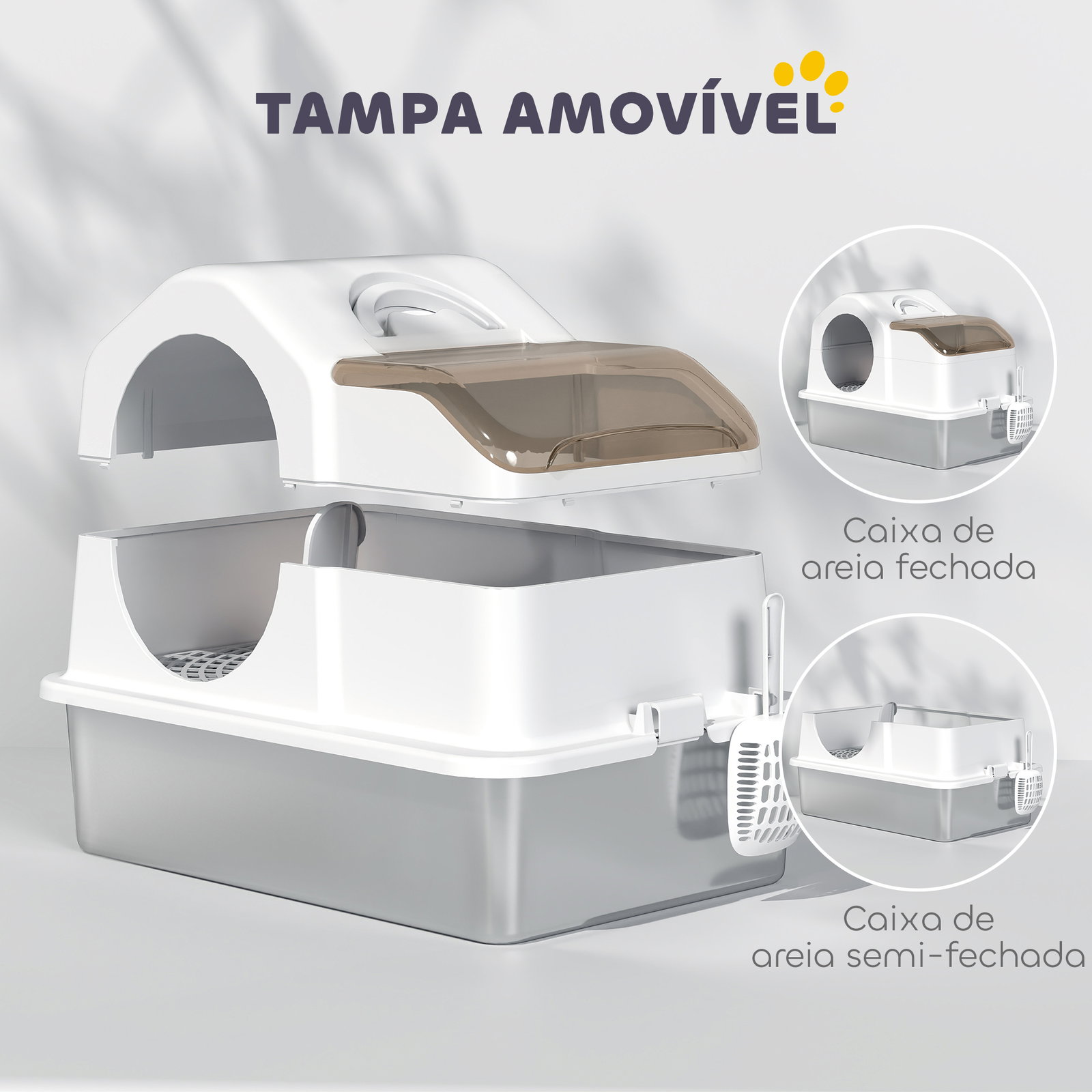 Caixa de areia para gatos fechada com bandeja de aço inoxidável tampa removível bordos altos e pá 60,5x40,5x42 cm branco