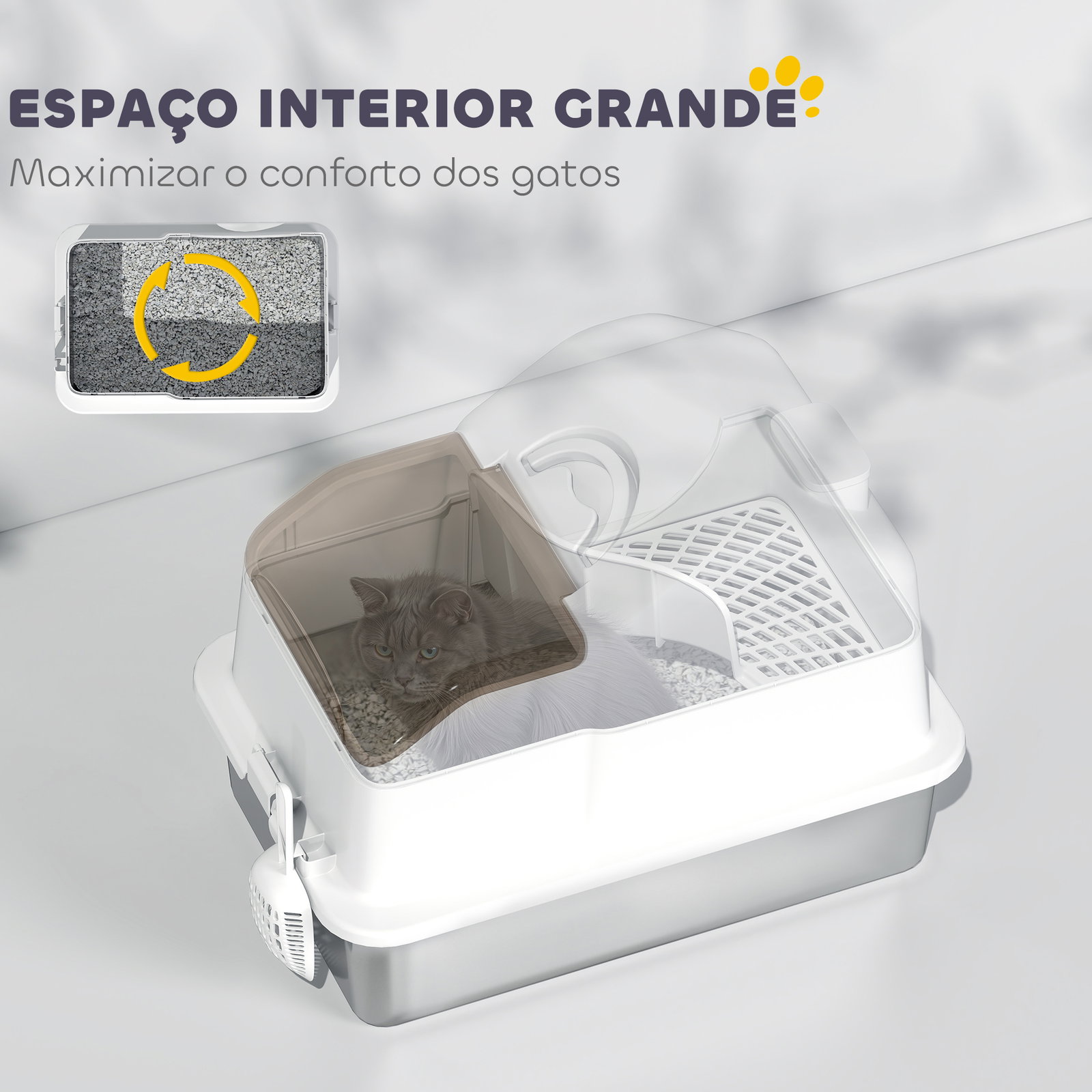 Caixa de areia para gatos fechada com bandeja de aço inoxidável tampa removível bordos altos e pá 60,5x40,5x42 cm branco