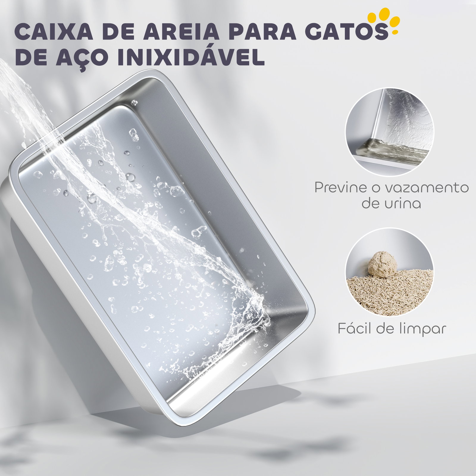 Caixa de areia para gatos fechada com bandeja de aço inoxidável tampa removível bordos altos e pá 60,5x40,5x42 cm branco