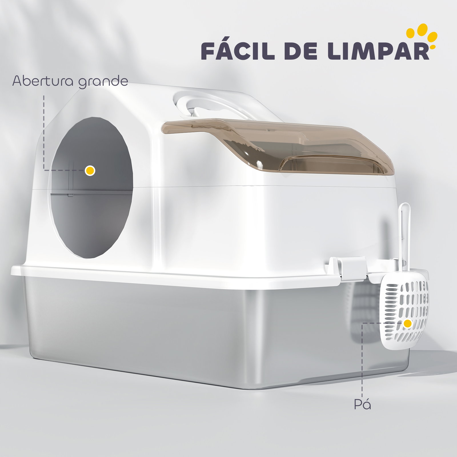 Caixa de areia para gatos fechada com bandeja de aço inoxidável tampa removível bordos altos e pá 60,5x40,5x42 cm branco