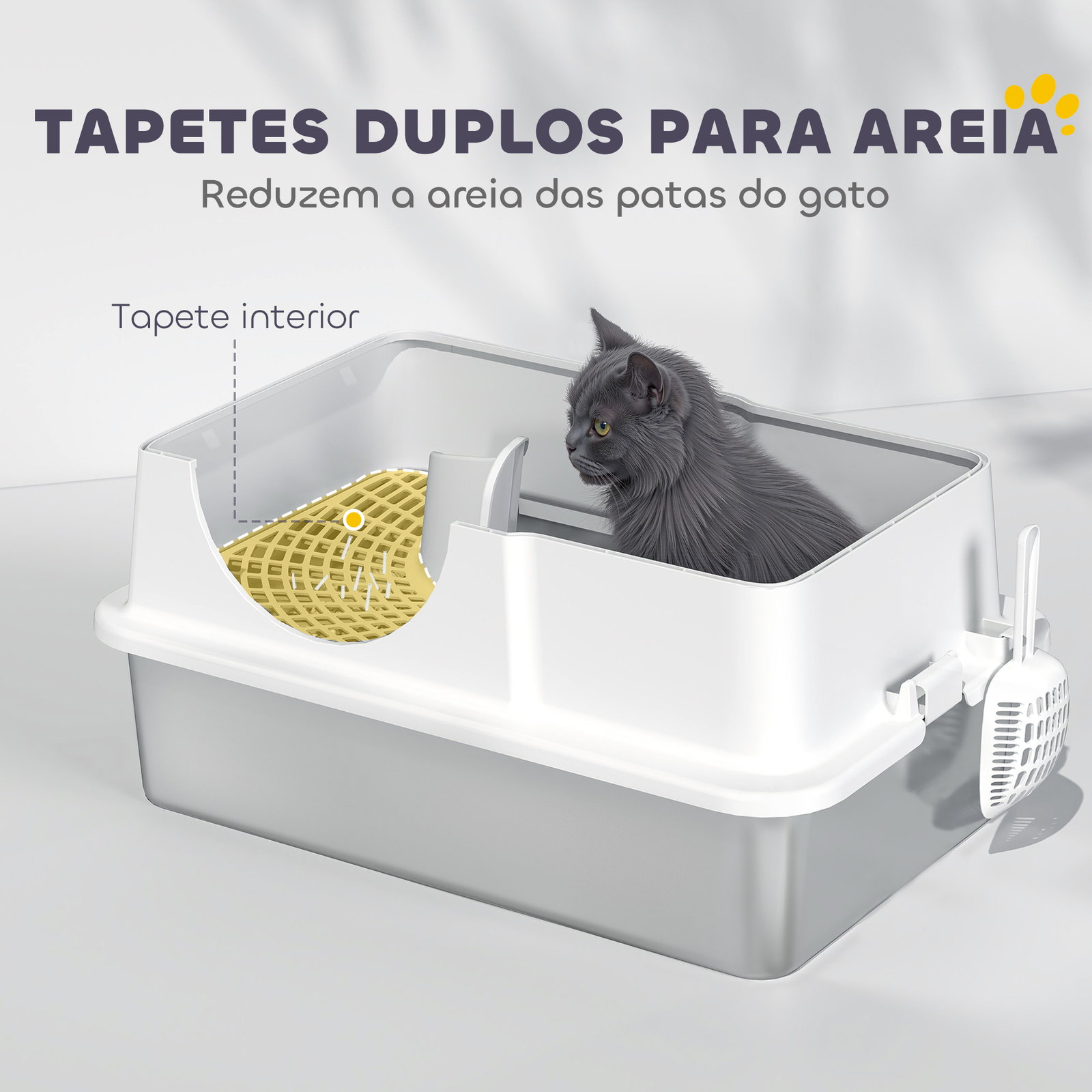 Caixa de areia para gatos fechada com bandeja de aço inoxidável tampa removível bordos altos e pá 60,5x40,5x42 cm branco