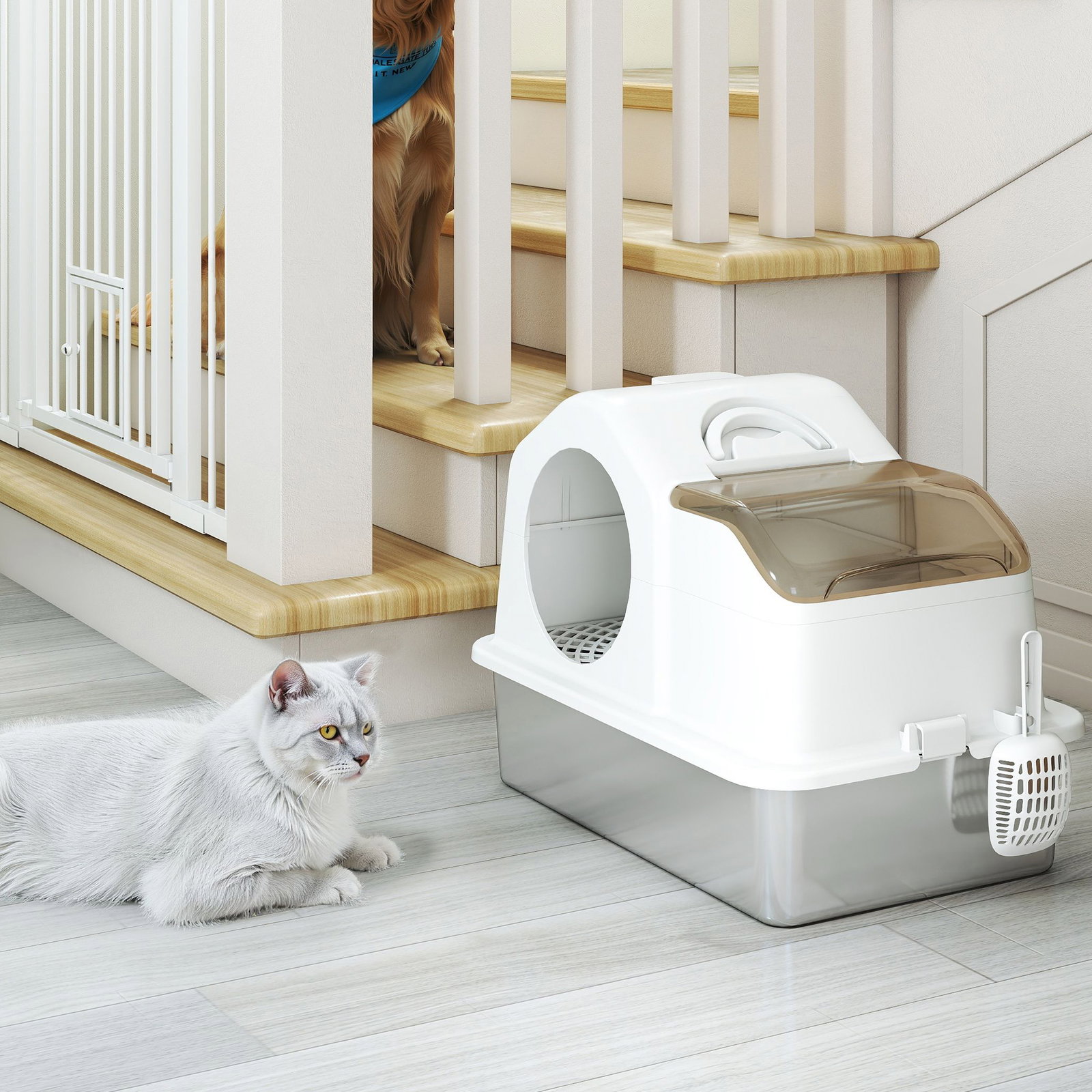 Caixa de areia para gatos fechada com bandeja de aço inoxidável tampa removível bordos altos e pá 60,5x40,5x42 cm branco