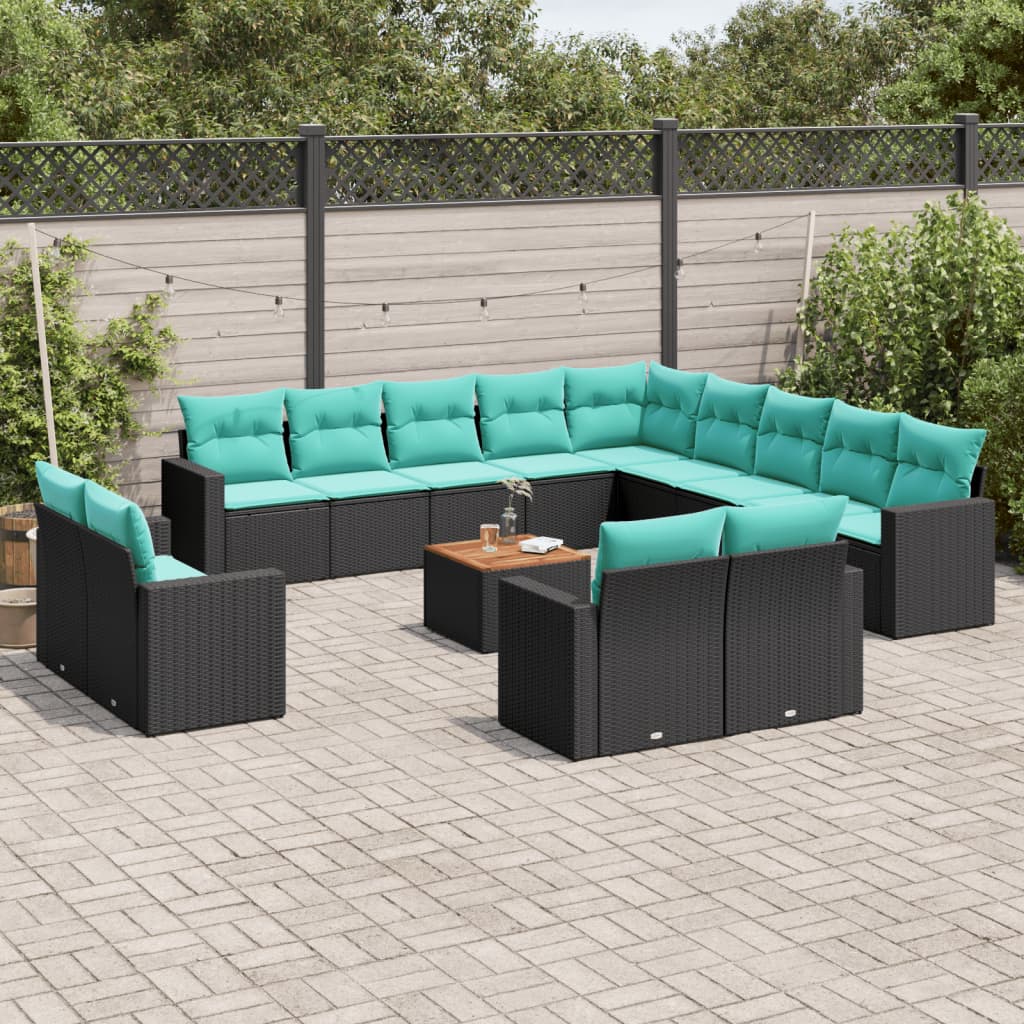 14 Pcs conjunto de sofás p/ jardim c/ almofadões vime PE preto