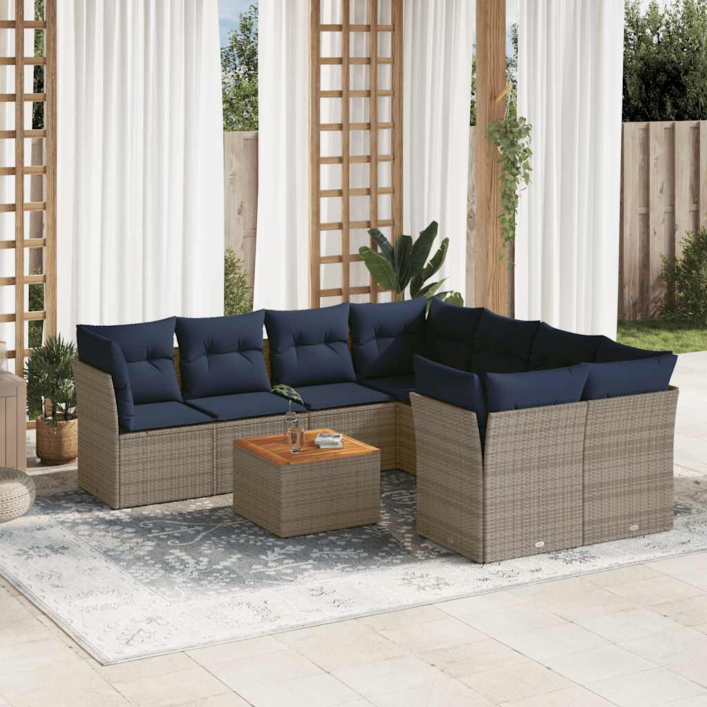 9 Pcs conjunto sofás p/ jardim c/ almofadões vime PE cinzento