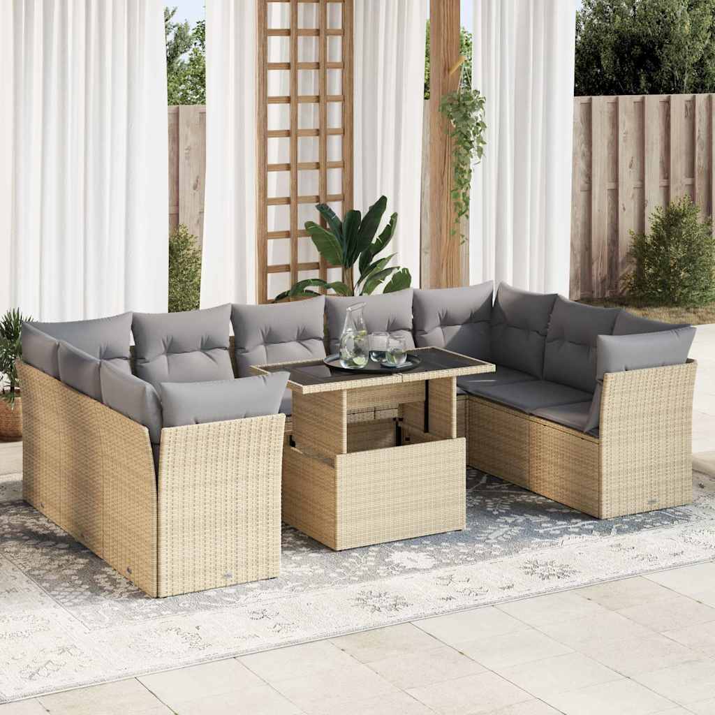 10 Pcs conjunto de sofás p/ jardim com almofadões vime PE bege