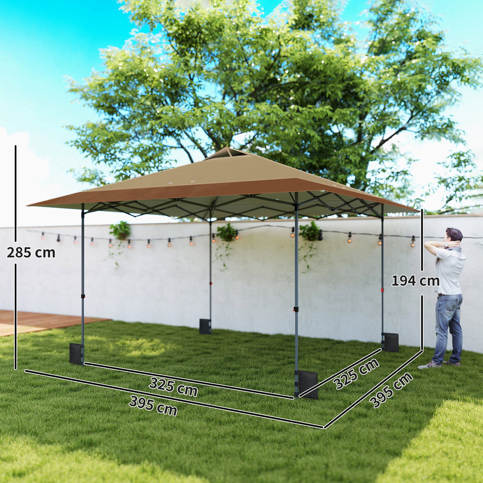 Tenda dobrável pop-up 4x4 m com bloqueio central upf50+ altura ajustável sacos de areia e bolsa com rodas bege e castanho