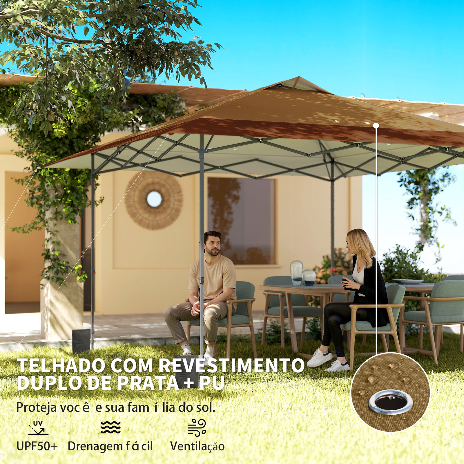 Tenda dobrável pop-up 4x4 m com bloqueio central upf50+ altura ajustável sacos de areia e bolsa com rodas bege e castanho