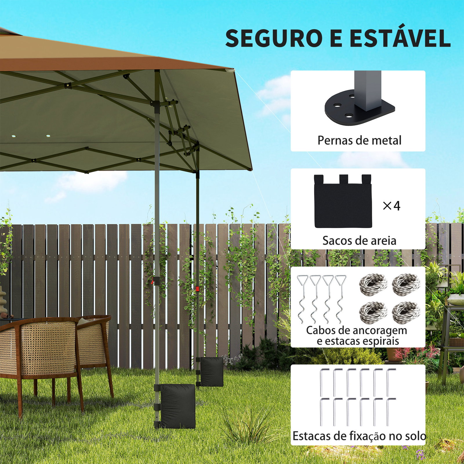 Tenda dobrável pop-up 4x4 m com bloqueio central upf50+ altura ajustável sacos de areia e bolsa com rodas bege e castanho