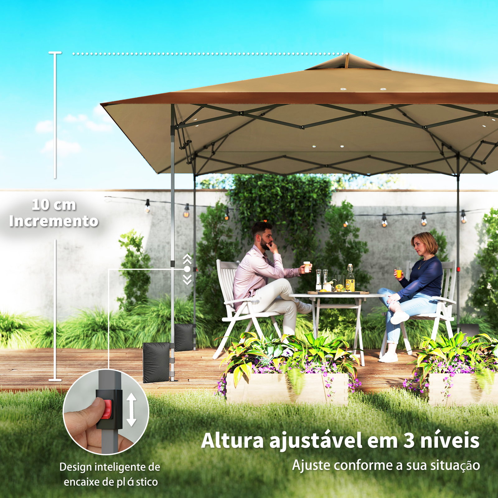 Tenda dobrável pop-up 4x4 m com bloqueio central upf50+ altura ajustável sacos de areia e bolsa com rodas bege e castanho