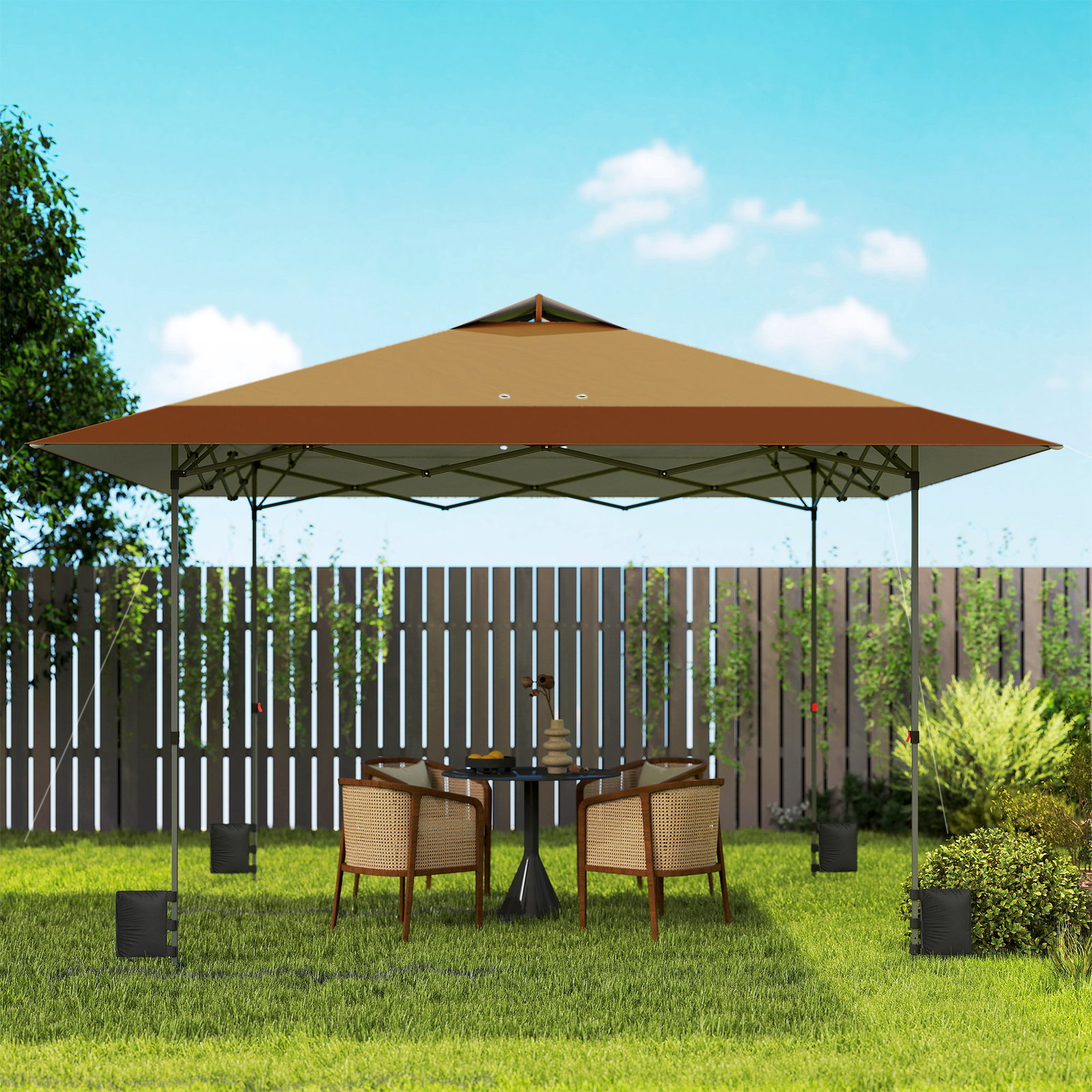 Tenda dobrável pop-up 4x4 m com bloqueio central upf50+ altura ajustável sacos de areia e bolsa com rodas bege e castanho
