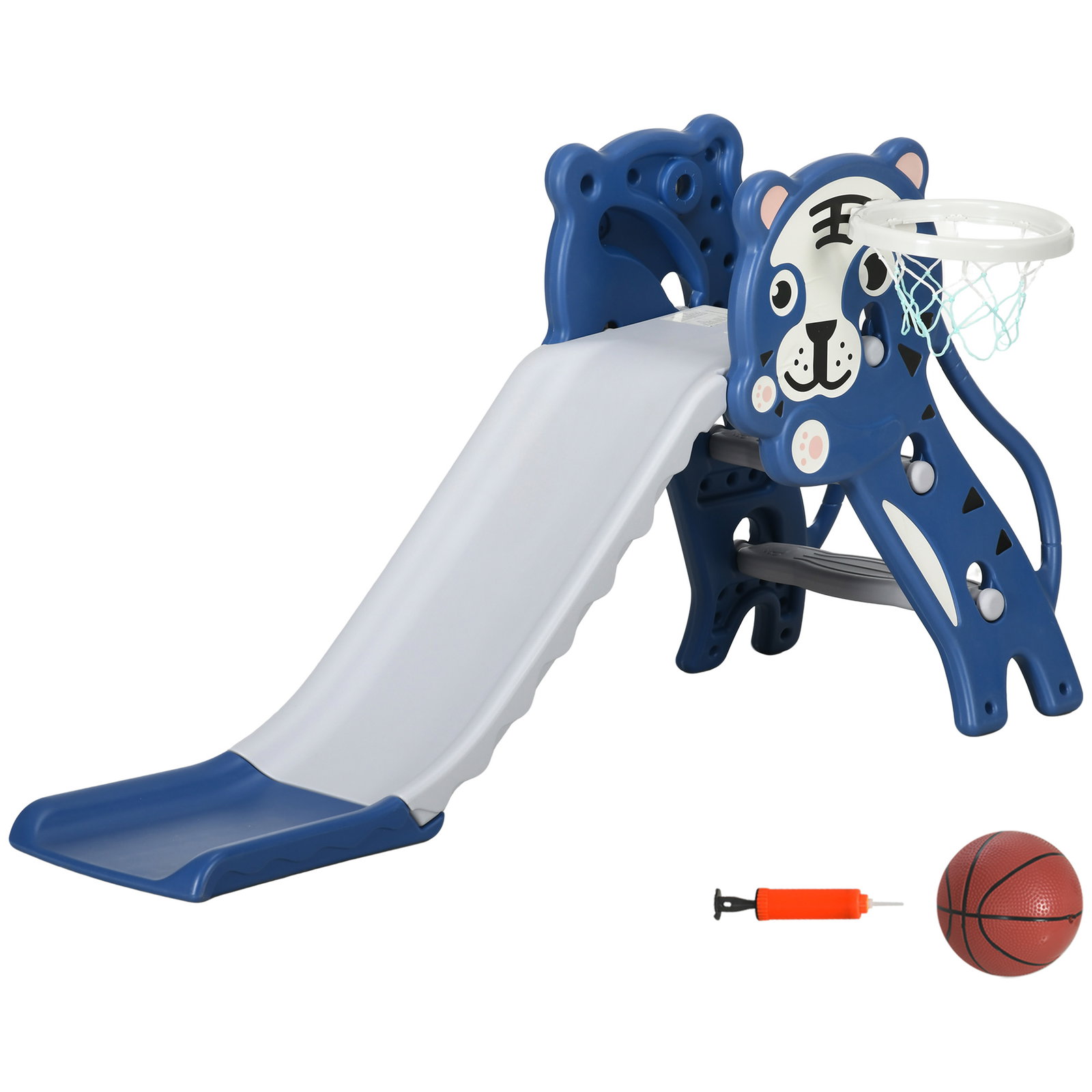 Escorrega para crianças 2 em 1 com 2 degraus cesta de basquetebol e desenho de tigre para interior 133x60x70 cm azul