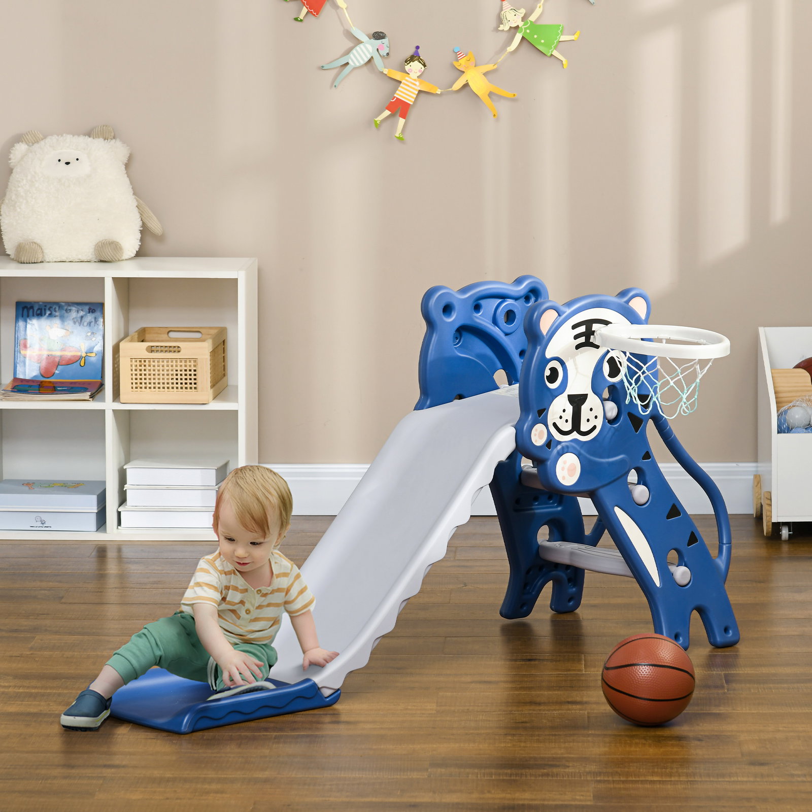 Escorrega para crianças 2 em 1 com 2 degraus cesta de basquetebol e desenho de tigre para interior 133x60x70 cm azul
