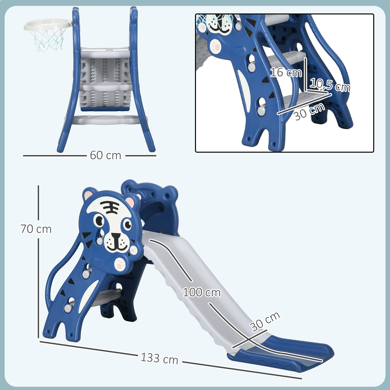 Escorrega para crianças 2 em 1 com 2 degraus cesta de basquetebol e desenho de tigre para interior 133x60x70 cm azul