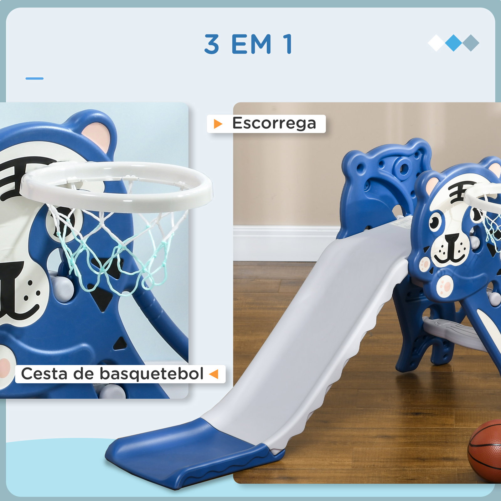 Escorrega para crianças 2 em 1 com 2 degraus cesta de basquetebol e desenho de tigre para interior 133x60x70 cm azul