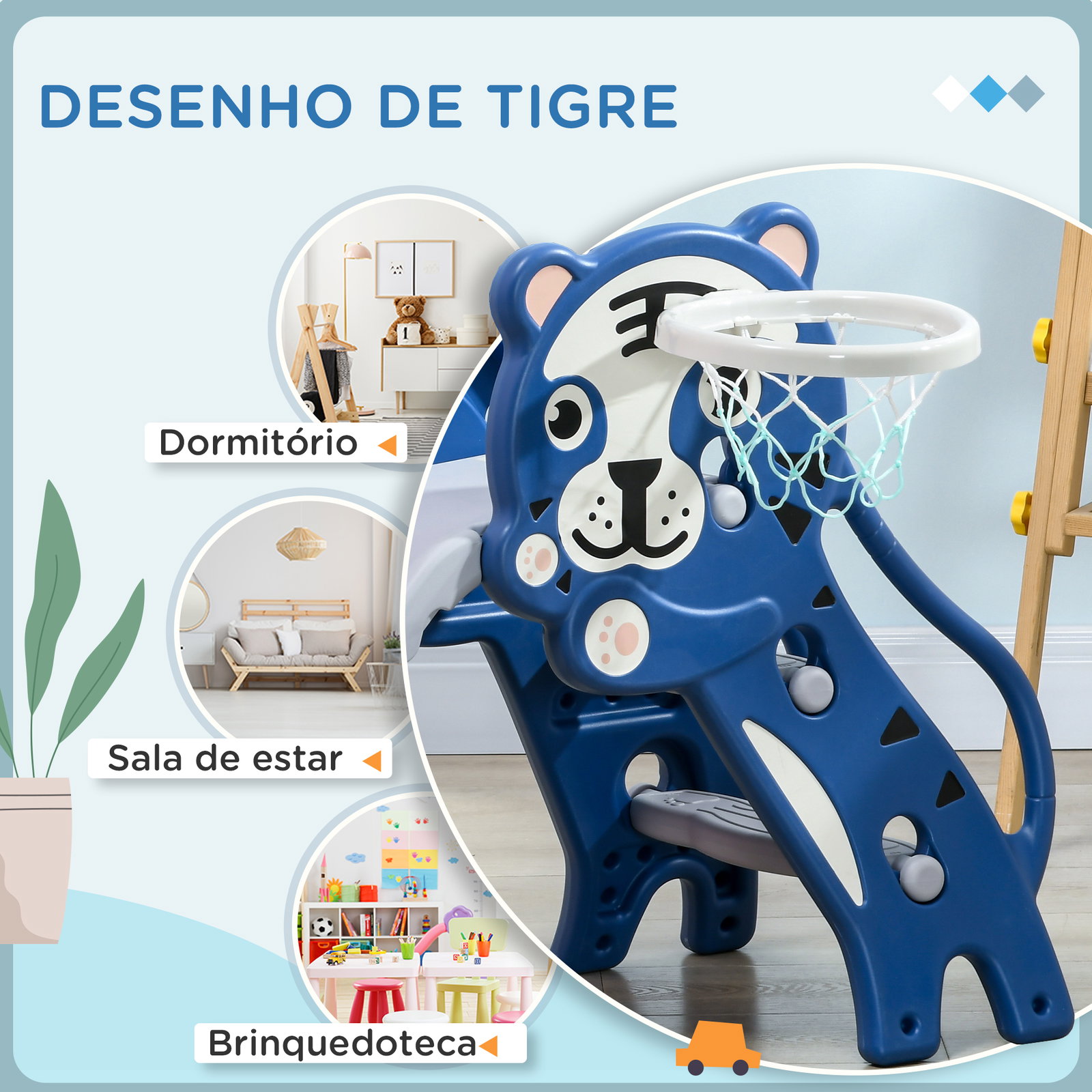 Escorrega para crianças 2 em 1 com 2 degraus cesta de basquetebol e desenho de tigre para interior 133x60x70 cm azul