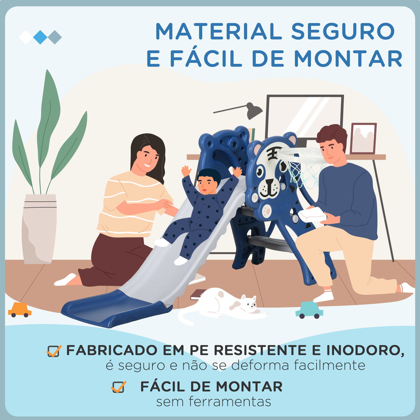 Escorrega para crianças 2 em 1 com 2 degraus cesta de basquetebol e desenho de tigre para interior 133x60x70 cm azul