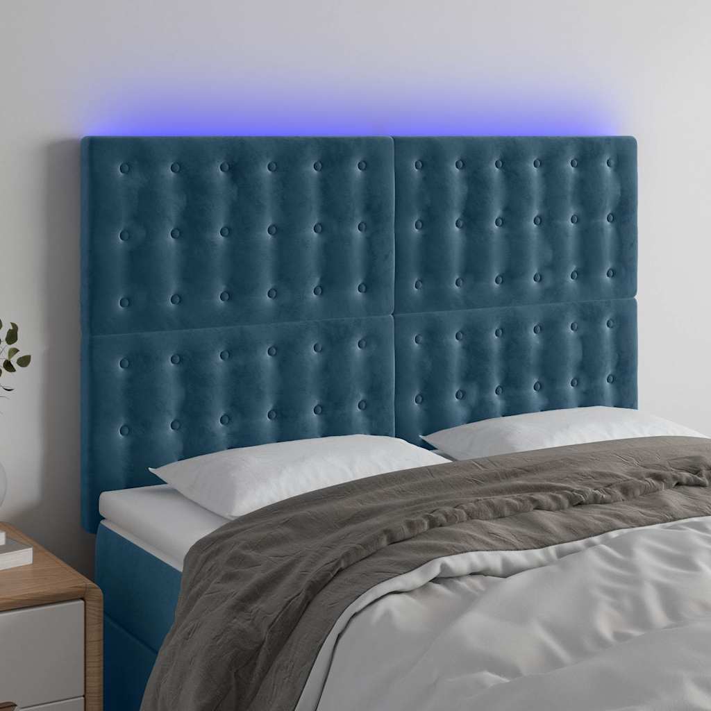 Cabeceira cama c/ luzes LED veludo 144x5x118/128cm azul-escuro