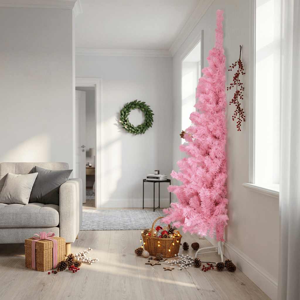Meia árvore de natal artificial com suporte 240 cm PVC rosa