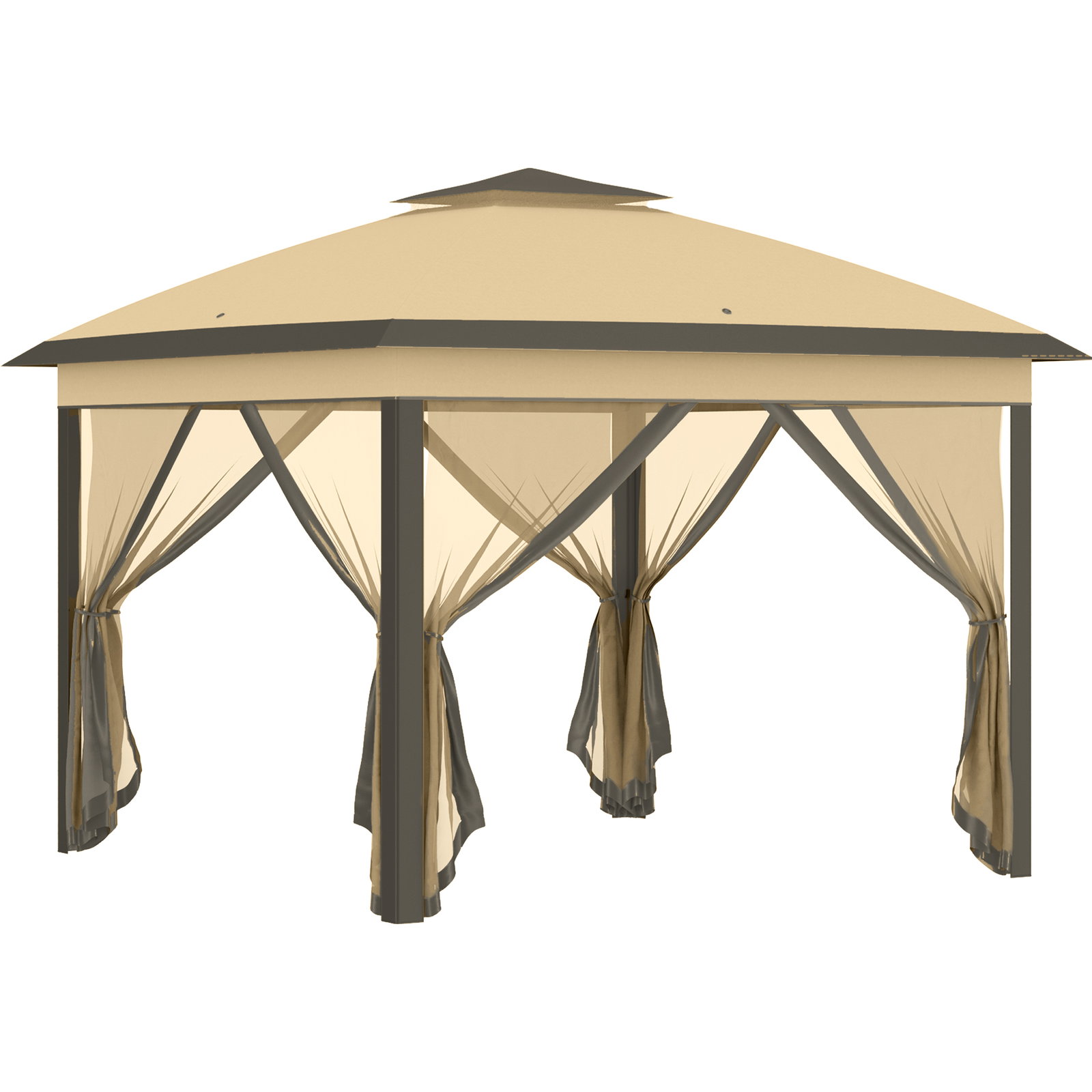Pérgola dobrável exterior com altura ajustável teto duplo 4 mosquiteiras removíveis e bolsa de transporte 3,3x3,3 m bege