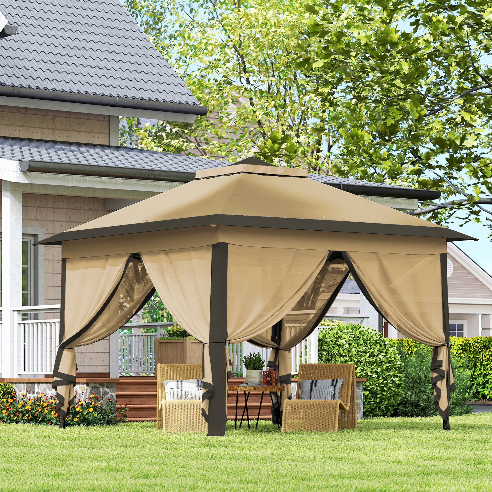 Pérgola dobrável exterior com altura ajustável teto duplo 4 mosquiteiras removíveis e bolsa de transporte 3,3x3,3 m bege