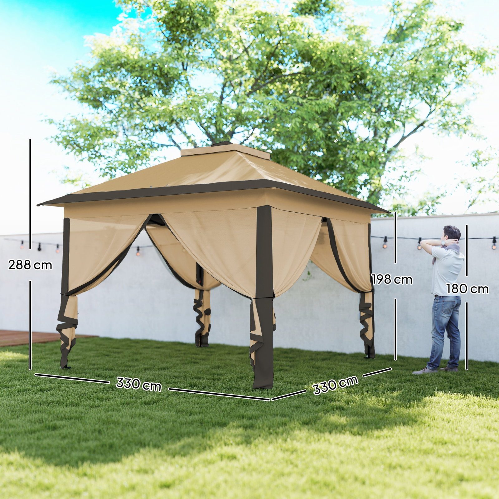 Pérgola dobrável exterior com altura ajustável teto duplo 4 mosquiteiras removíveis e bolsa de transporte 3,3x3,3 m bege