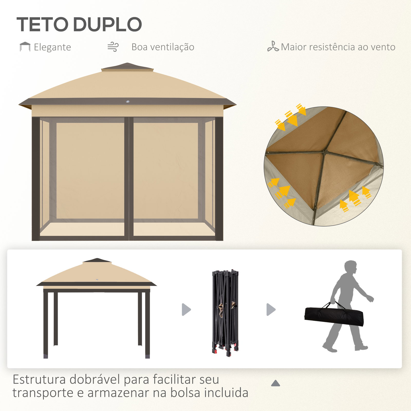 Pérgola dobrável exterior com altura ajustável teto duplo 4 mosquiteiras removíveis e bolsa de transporte 3,3x3,3 m bege