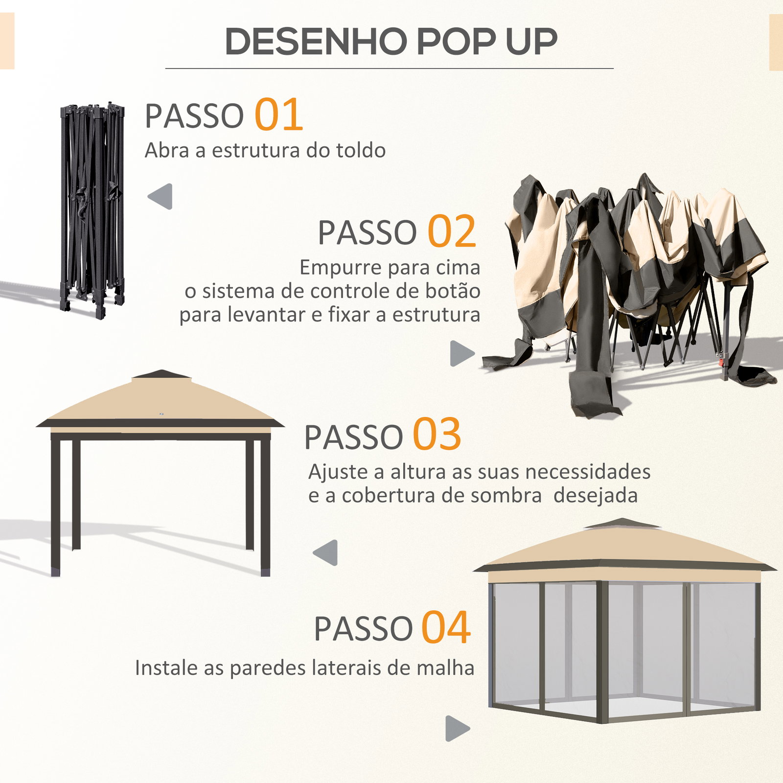 Pérgola dobrável exterior com altura ajustável teto duplo 4 mosquiteiras removíveis e bolsa de transporte 3,3x3,3 m bege
