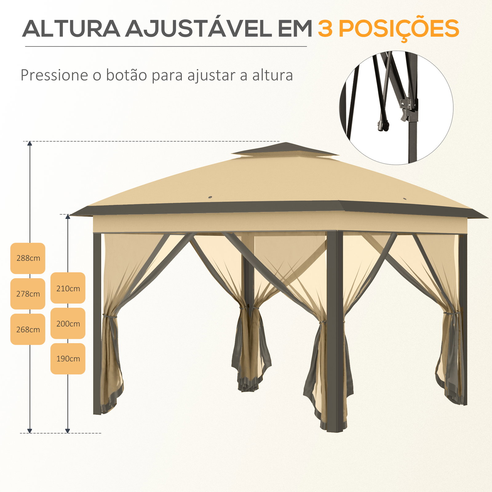 Pérgola dobrável exterior com altura ajustável teto duplo 4 mosquiteiras removíveis e bolsa de transporte 3,3x3,3 m bege