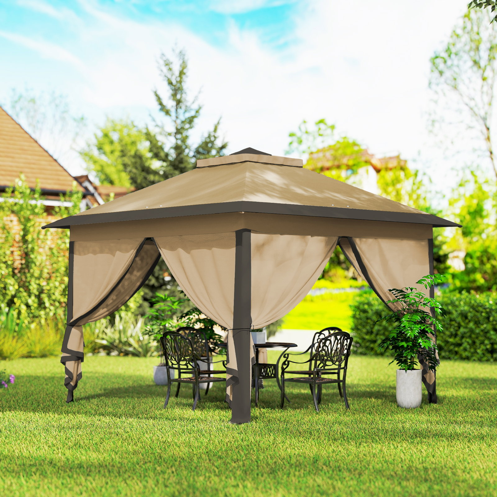 Pérgola dobrável exterior com altura ajustável teto duplo 4 mosquiteiras removíveis e bolsa de transporte 3,3x3,3 m bege