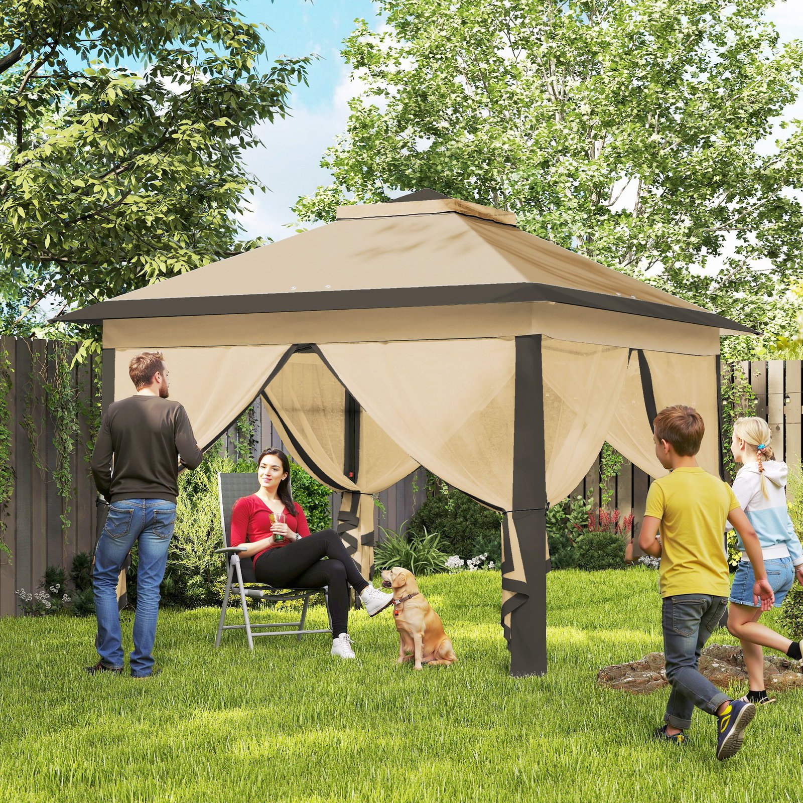 Pérgola dobrável exterior com altura ajustável teto duplo 4 mosquiteiras removíveis e bolsa de transporte 3,3x3,3 m bege