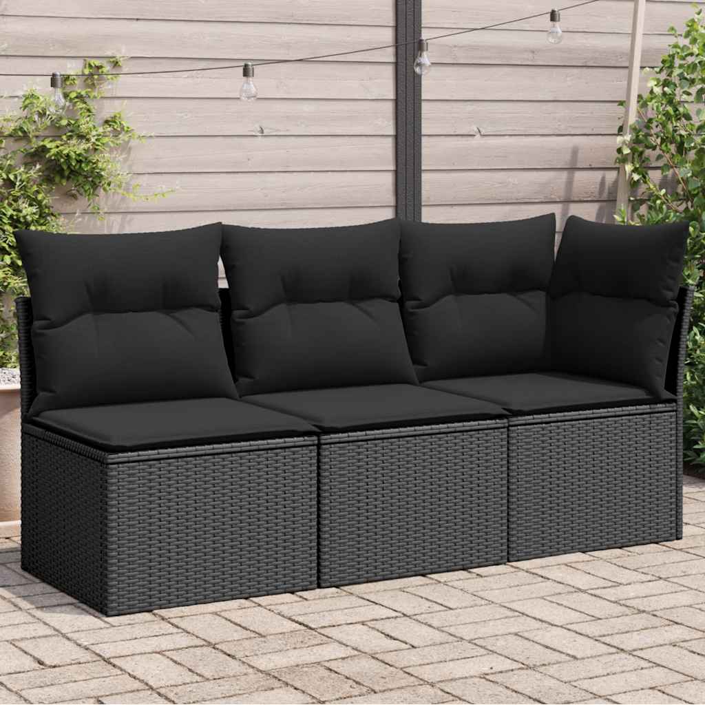 Sofá de jardim com almofadas, 3 lugares, vime sintético preto