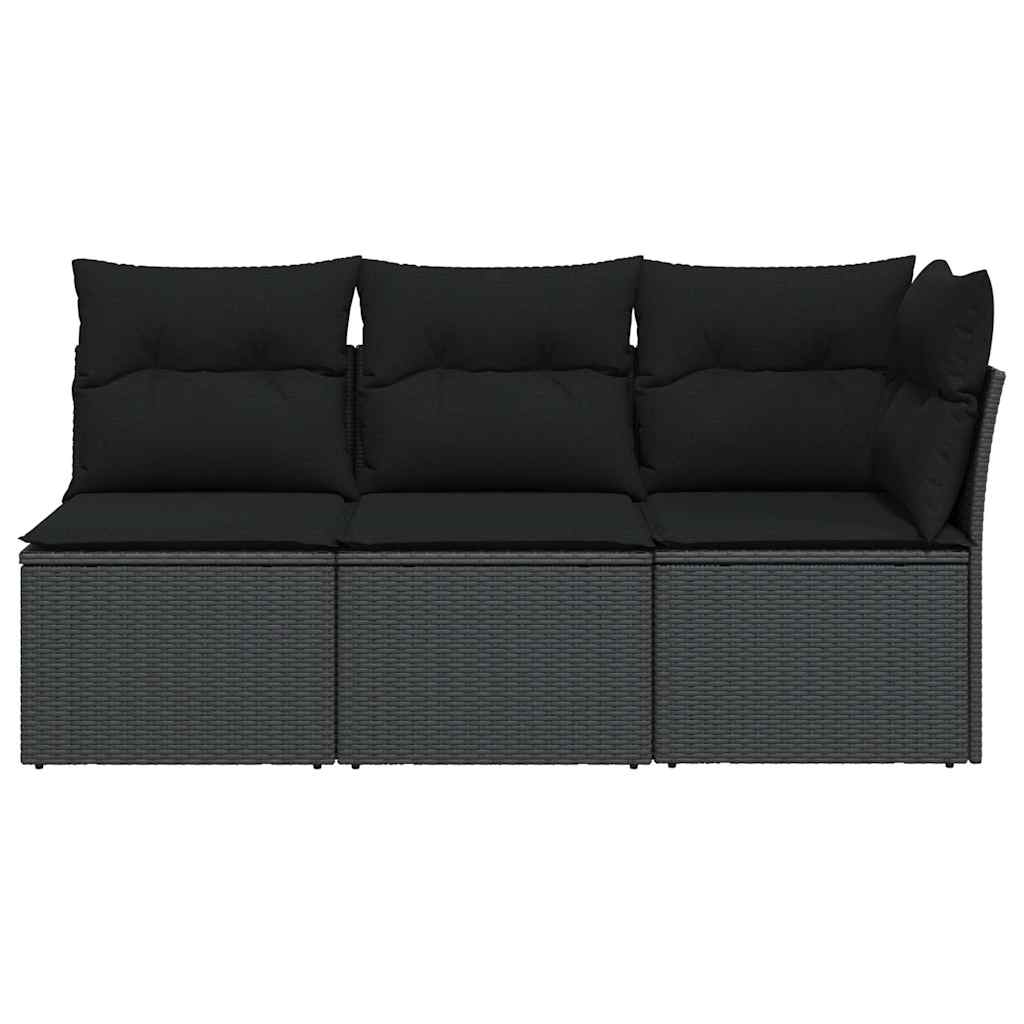 Sofá de jardim com almofadas, 3 lugares, vime sintético preto