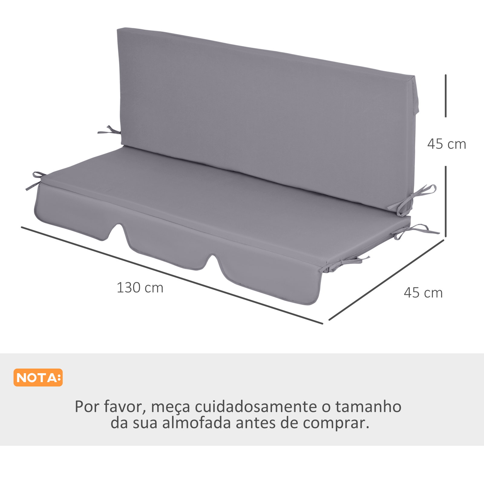 Almofada para baloiço de 2 peças almofada para baloiço de assento e encosto acolchoado 130x45x5 cm cinza