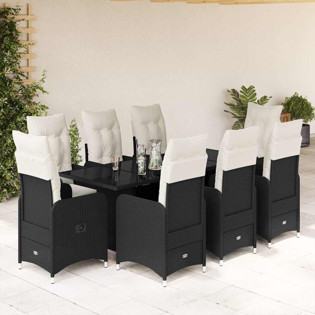 9 Pcs conjunto de bistrô p/ jardim c/ almofadões vime PE preto