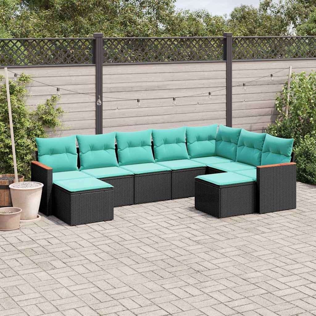 Conjunto de sofá de jardim de 9 peças com almofadas em rattan sintético preto
