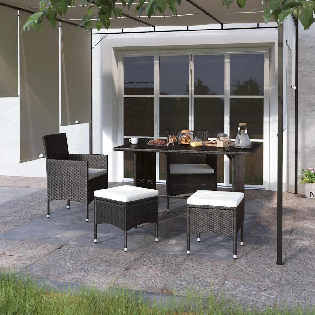 4 Pcs conjunto de cadeiras e bancos de jardim vime PE preto
