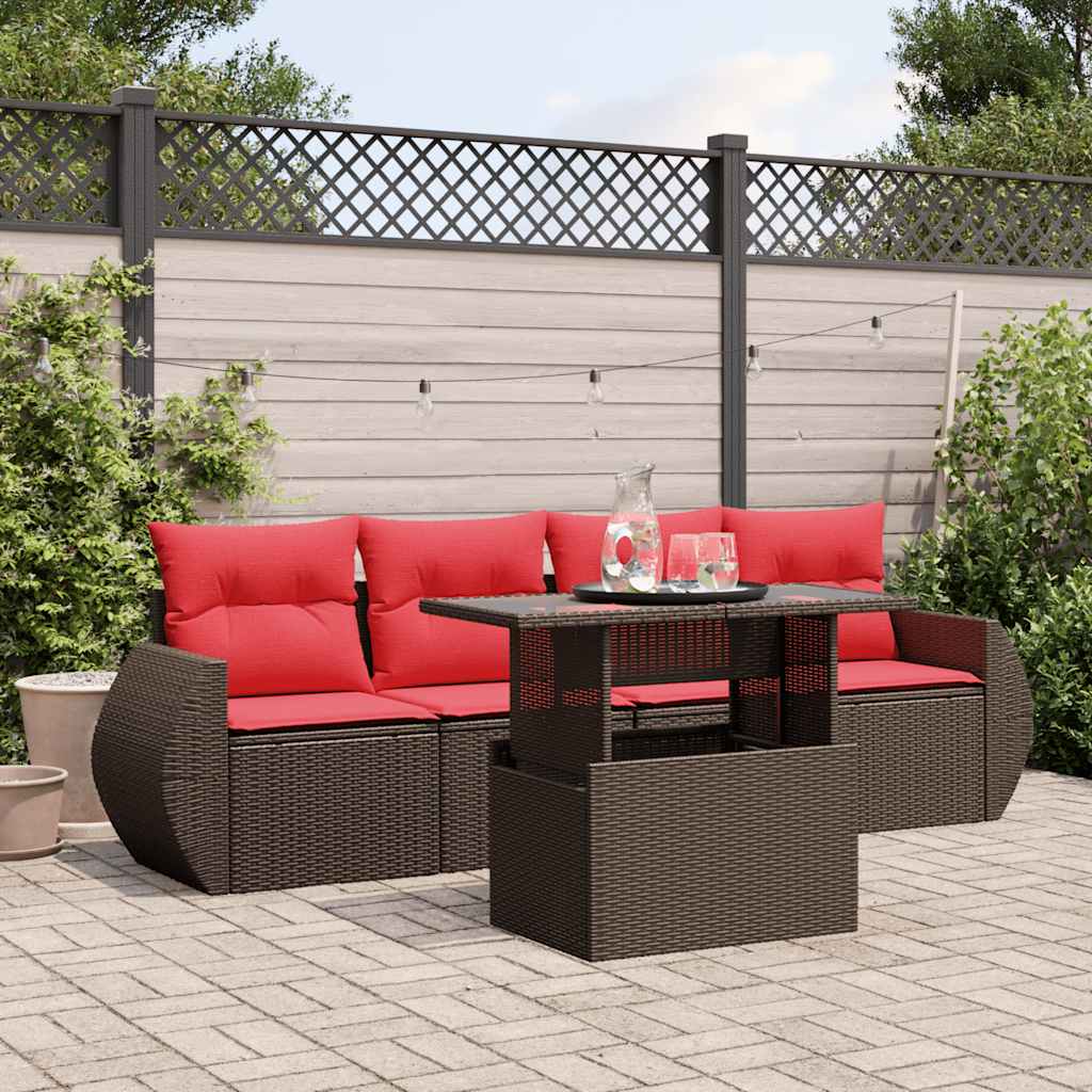 Conjunto de sofá de jardim de 5 peças com almofadas em rattan sintético marrom